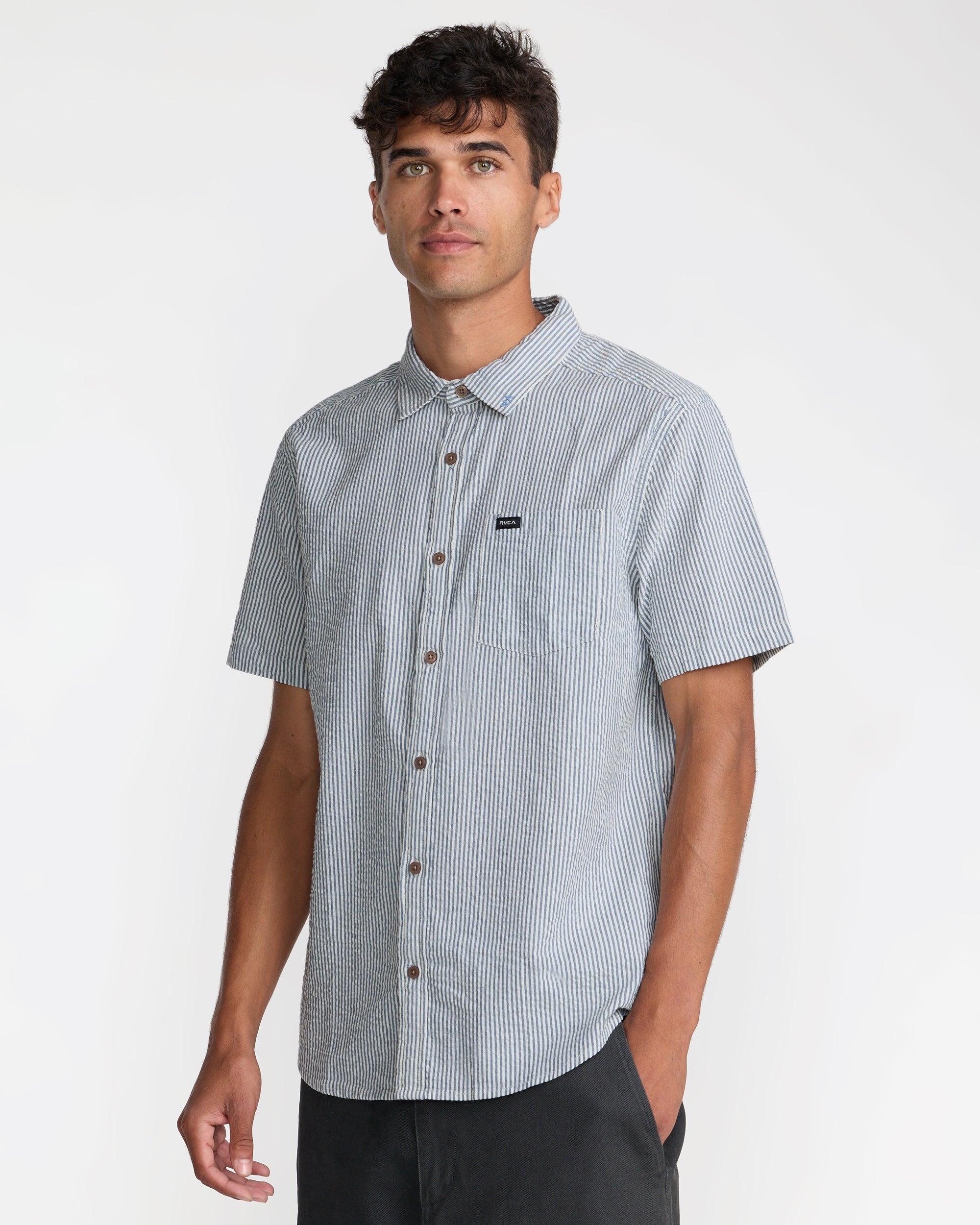 That'll Do Seersucker Short Sleeve Shirt - Vintage Navy | RVCA on sale