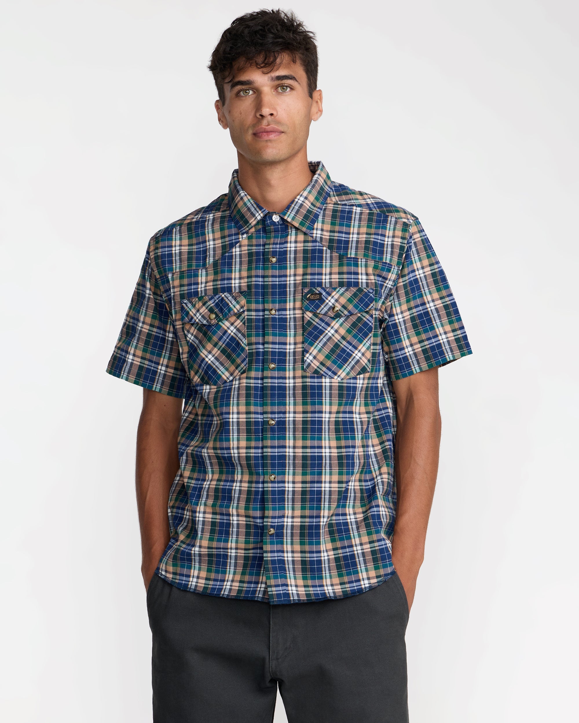 Dayshift Truckin Plaid Short Sleeve Shirt - Dark Denim | RVCA sale