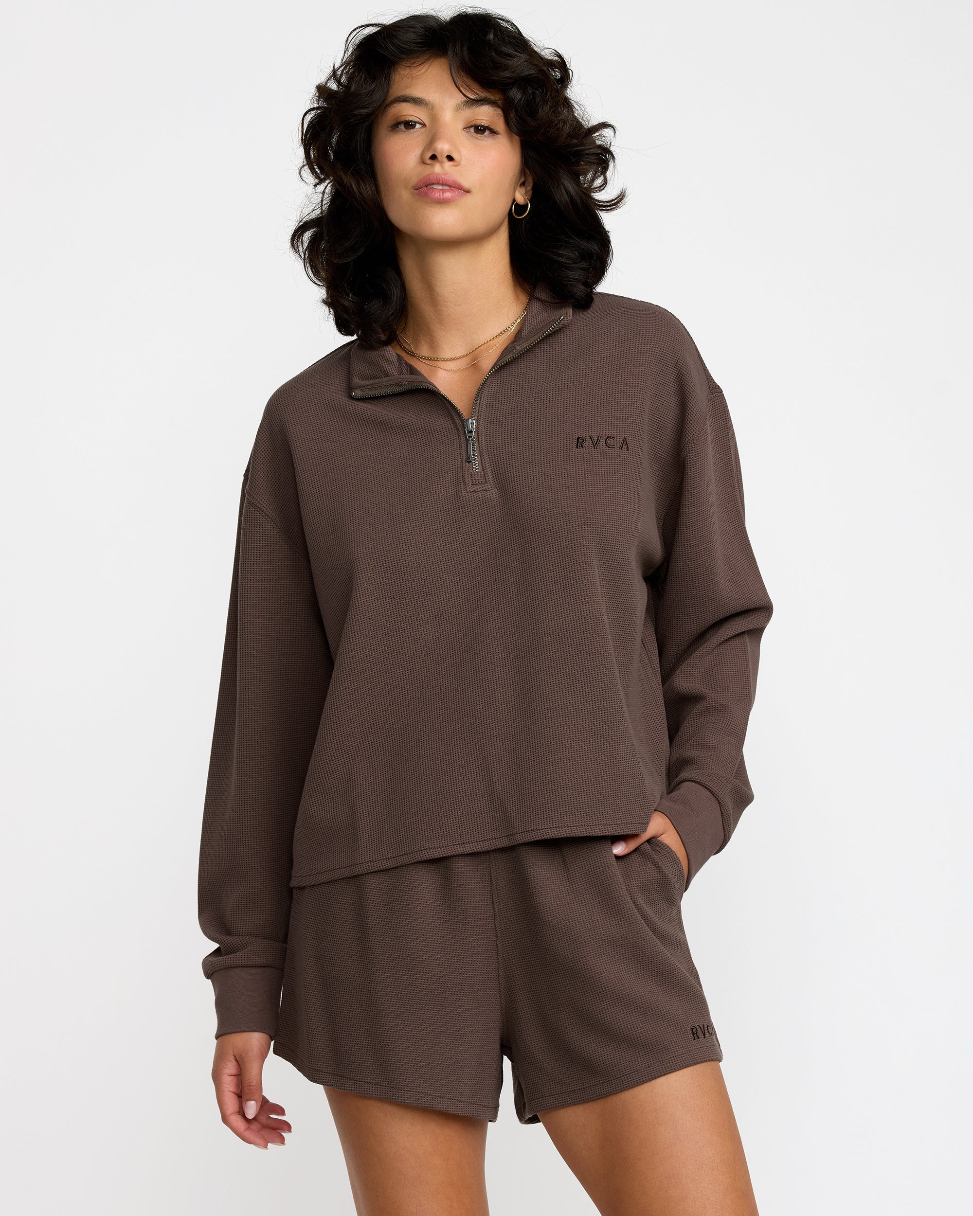 Glory Waffle Pullover Quarter Zip - Bear Brown | RVCA discount