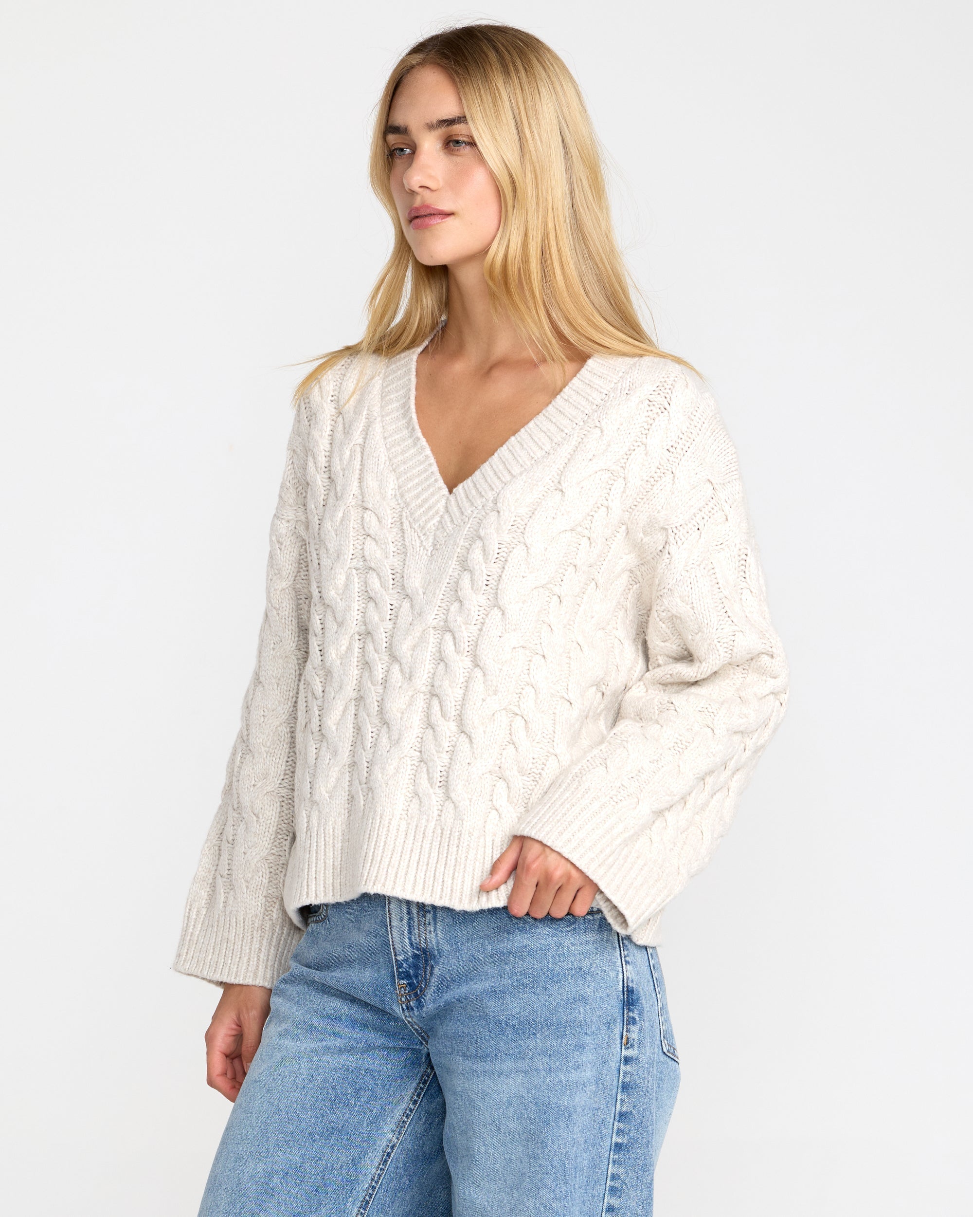 Cable V Neck Sweater - Star White | RVCA online